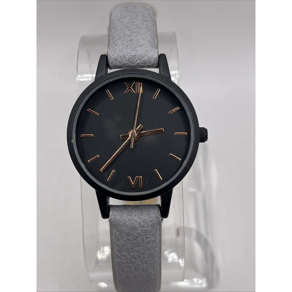 Accutime Women's Quartz Watch Gray Faux Leather Band Black 30mm Case New Battery